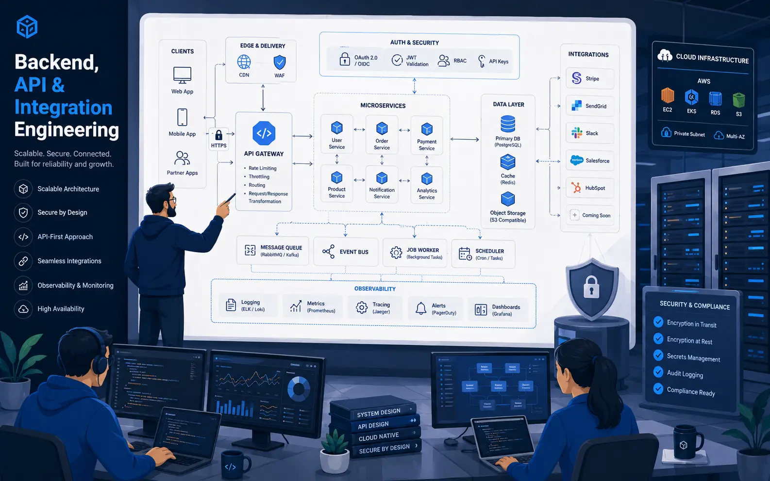 Backend API and third-party integration engineering illustration